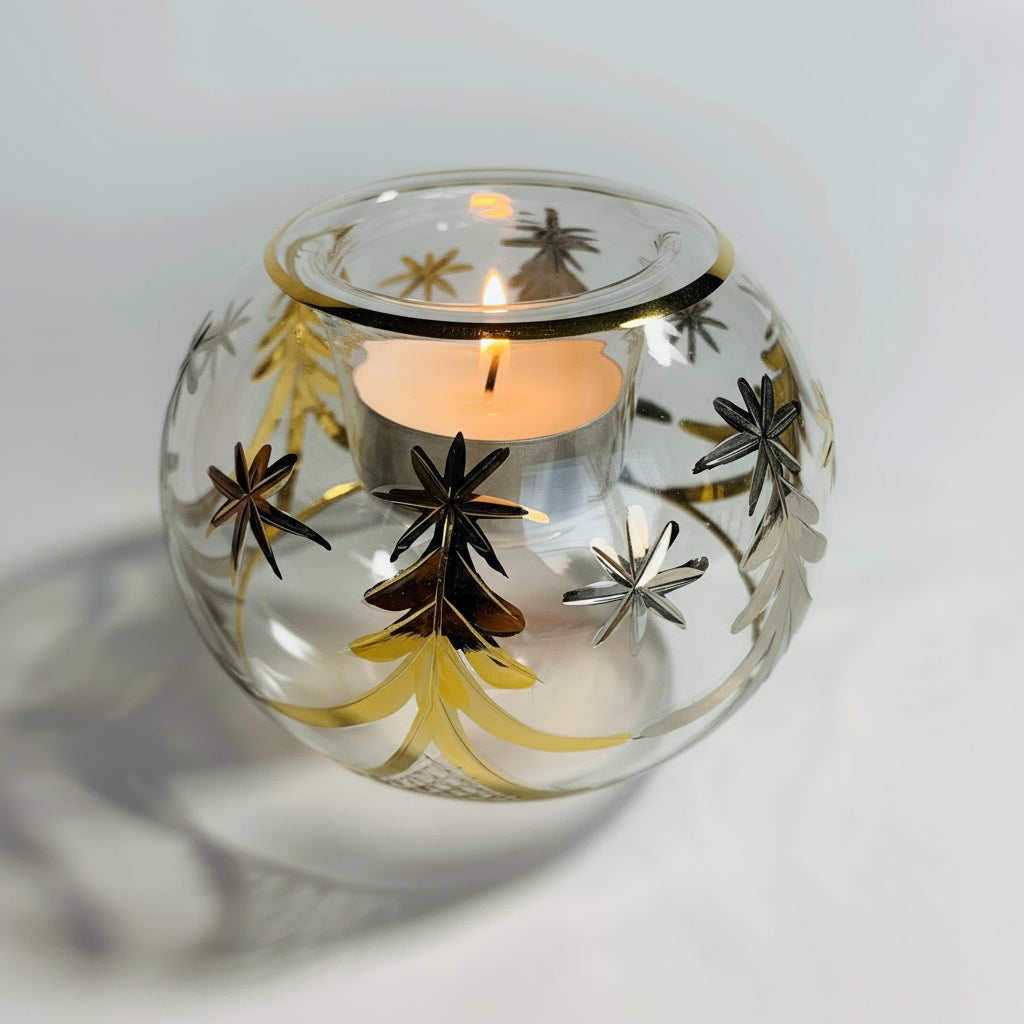 A hand blown glass candle holder with gold and silver Christmas tree decorations and a lit tea light candle inside.