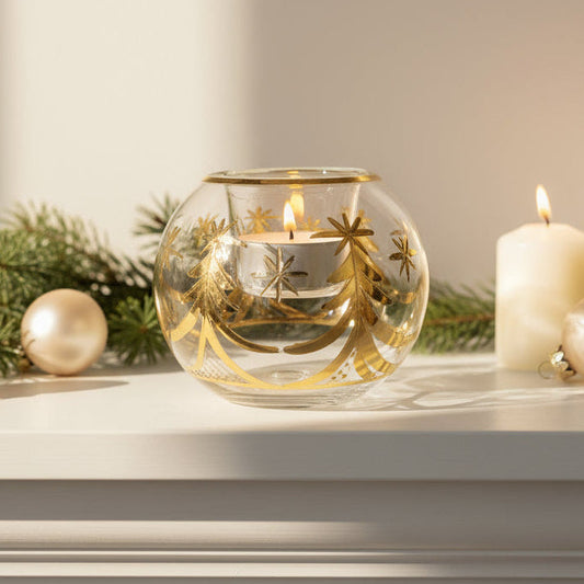 A hand blown glass candle holder with gold and silver Christmas tree decorations and a lit tea light candle inside.