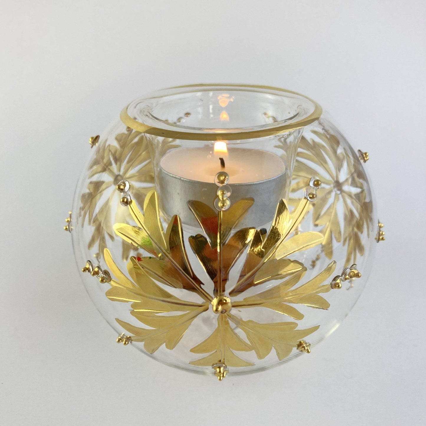 Blown Glass Candle Holder - Gold Snow Flake