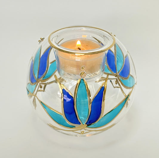 Blown Glass Candle Holder - Lotus Blue & Turquoise