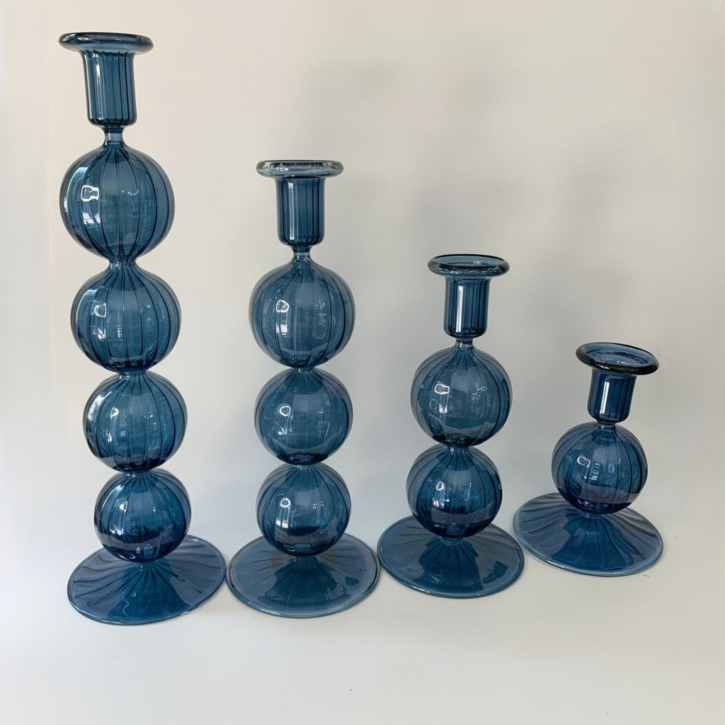 Fair Trade blue handblown glass candle holders with baubles for taper candles, ethically handmade