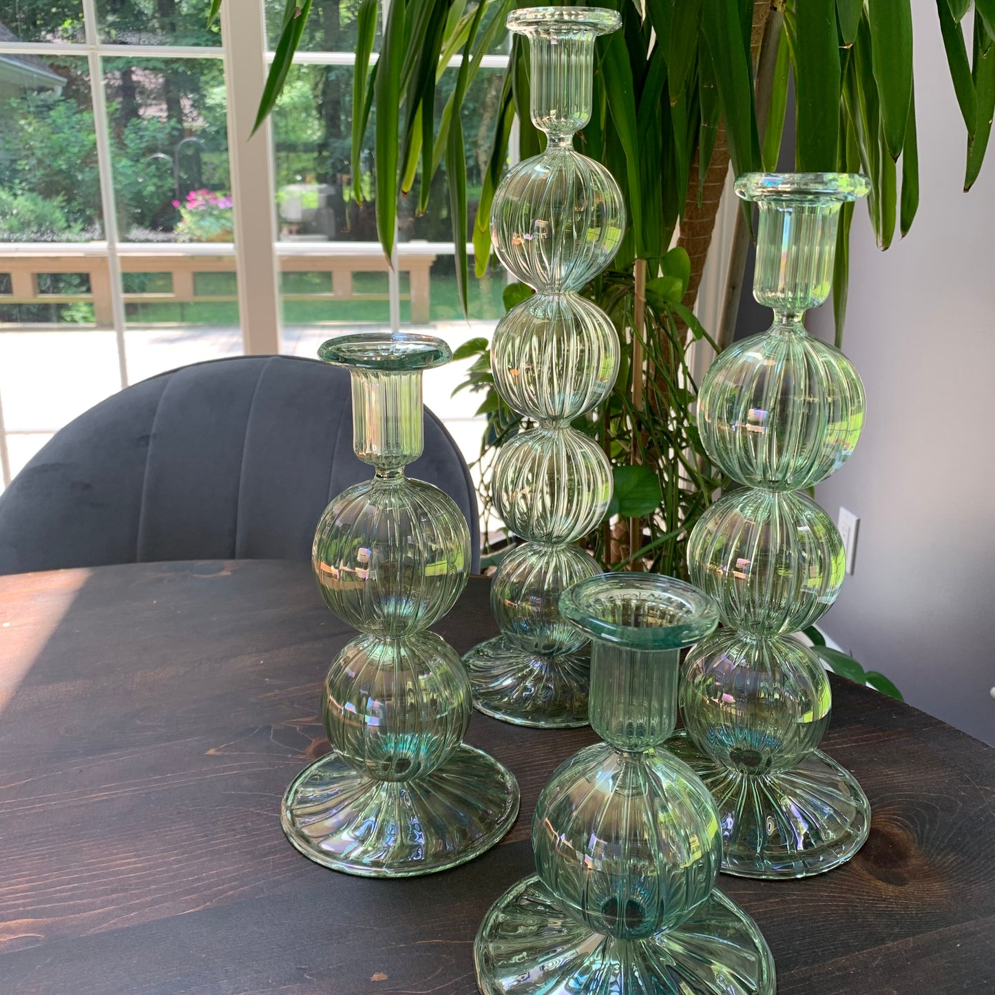 Long Stem Blown Glass Candle Holder With Baubles - Green