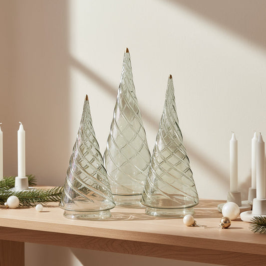 Ethically Handcrafted Blown Glass Tabletop Christmas Tree - Cone Swirl Olive Green