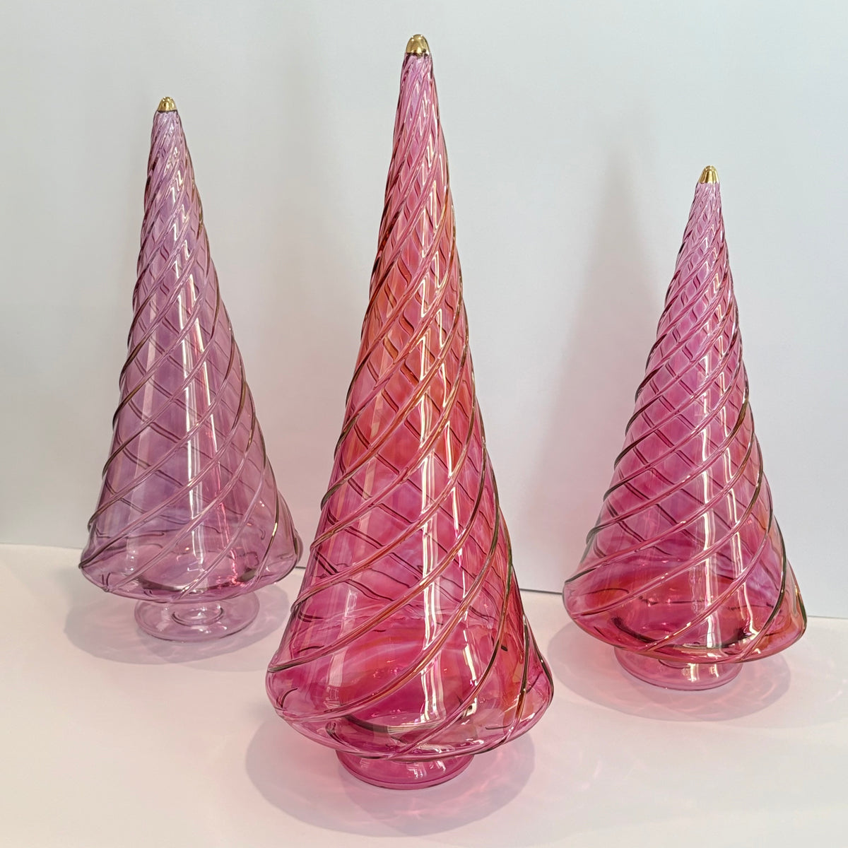 Blown Glass Tabletop Christmas Tree - Cone Swirl Pink