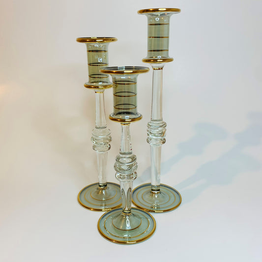 Long Stem Handmade Glass Candle Holder - Green & Gold, Fair Trade, Ethically artisan-made