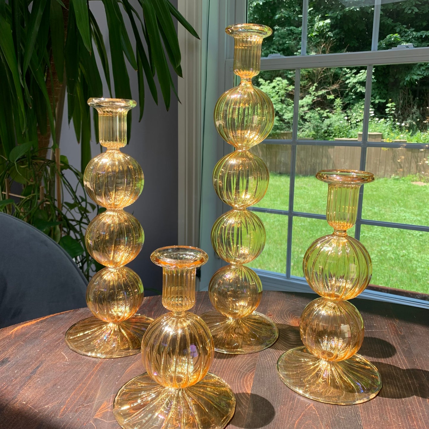 Long Stem Blown Glass Candle Holder With Baubles - Yellow