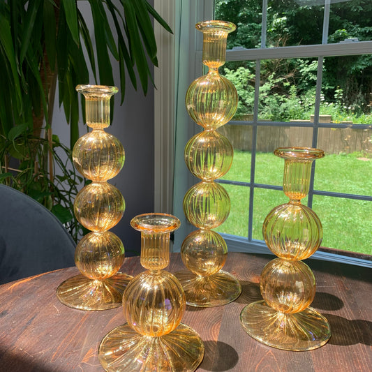 Long Stem Blown Glass Candle Holder With Baubles - Yellow