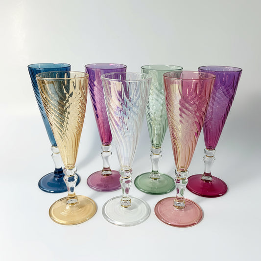 Handblown Glass Long Stem Champagne Flute - Iridescent Bright Colored, Fair Trade, Ethically Made, Heritage, Heirloom Quality