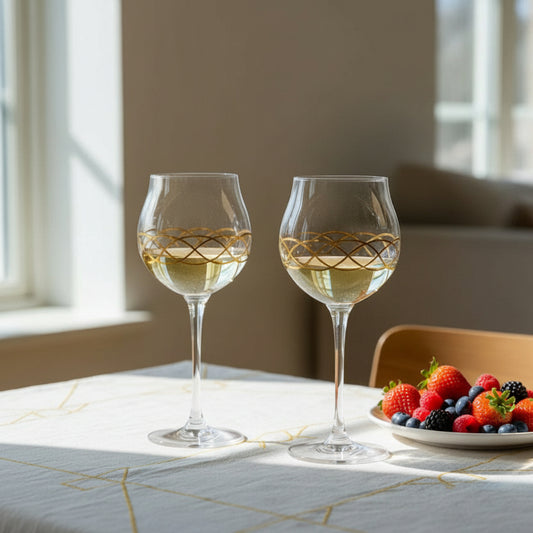 Fair Trade Hand-Blown Glass Long Stem Wine Glass - Gold Infinity, Artisan-made, ethically handmade