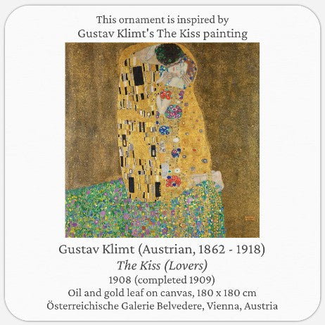 Decorative blown glass ornament with floral design inspired from Klimt's The Kiss painting, fair trade