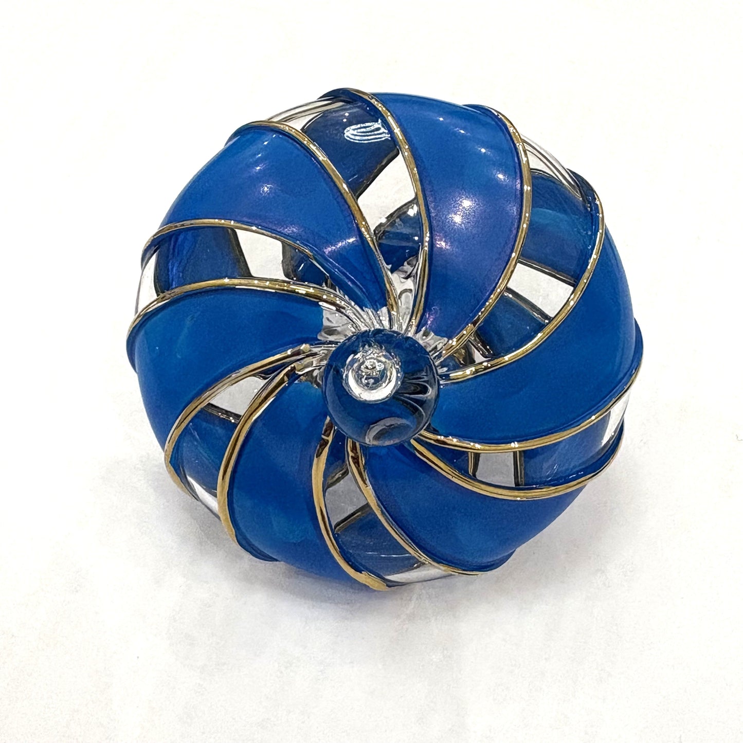 Blown Glass Small Ornament in the Shape of a Toupie with Clear and Blue Swirls and Gold Trim, Fair Trade Handmade