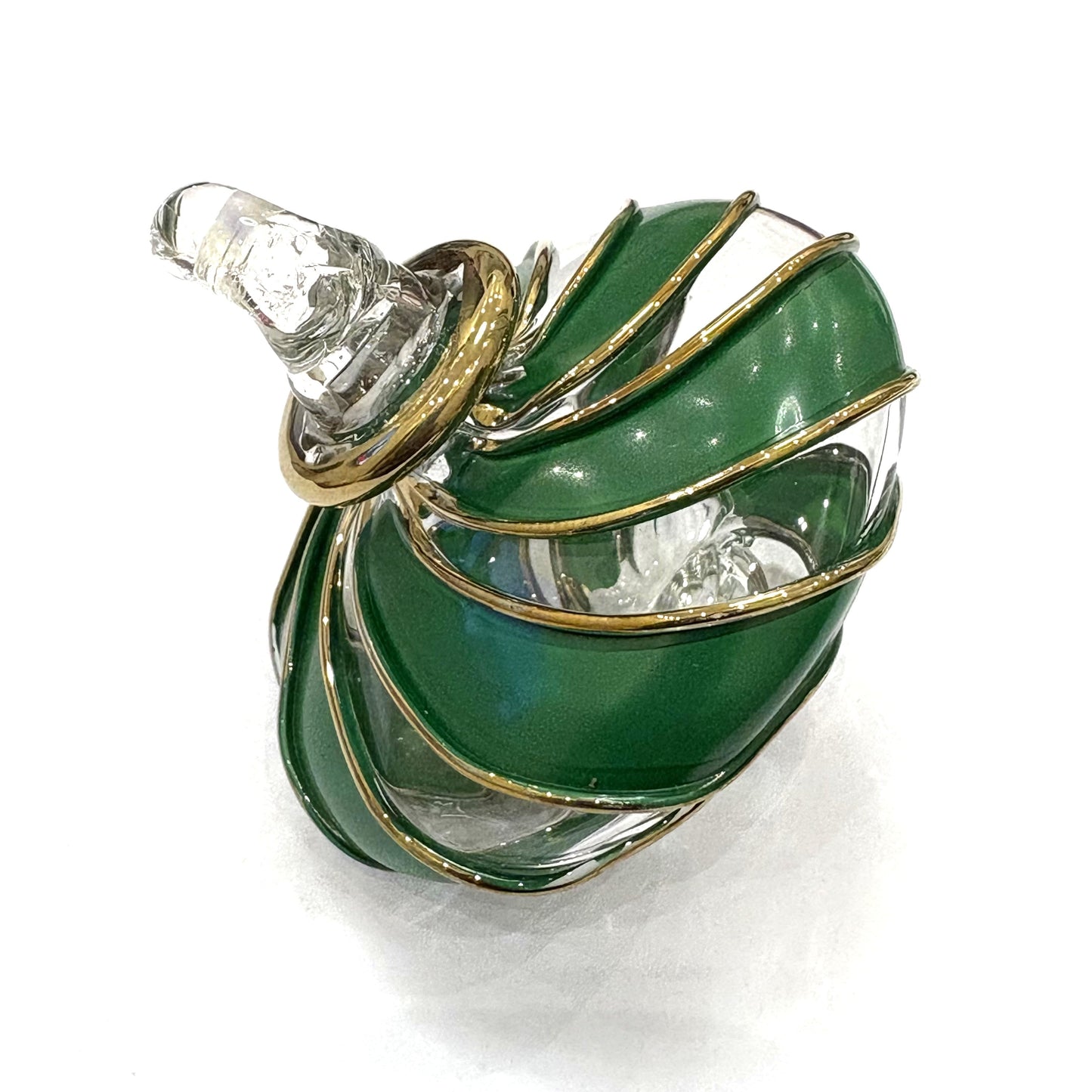 Blown Glass Small Ornament in the Shape of a Toupie with Clear and Green Swirls and Gold Trim, Fair Trade Handmade
