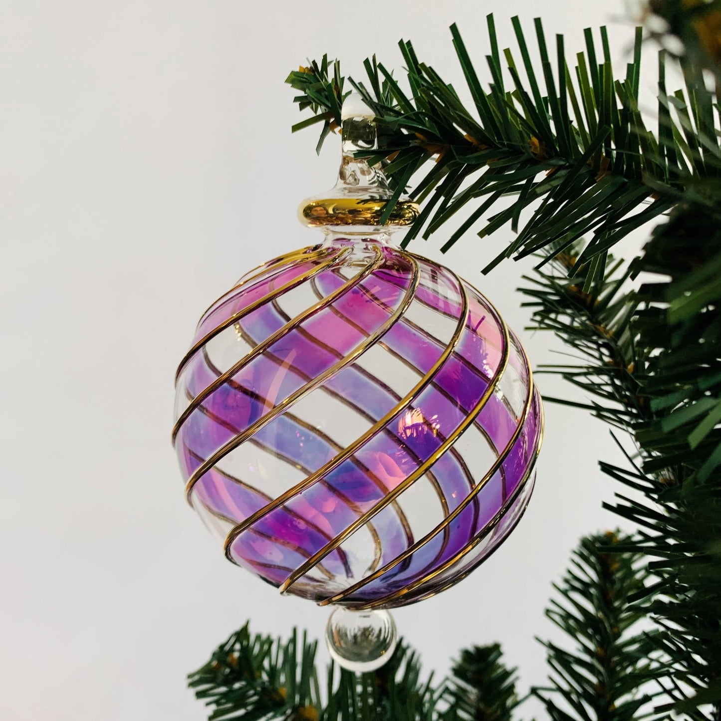 Blown Glass Ornament - Lilac & Gold Spiral