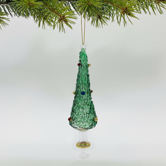 Hand-blown glass green pine tree shpaed ornament  with colored baubles