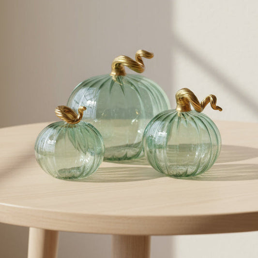 Ethically fair trade green handblown glass pumpkins with gold stems