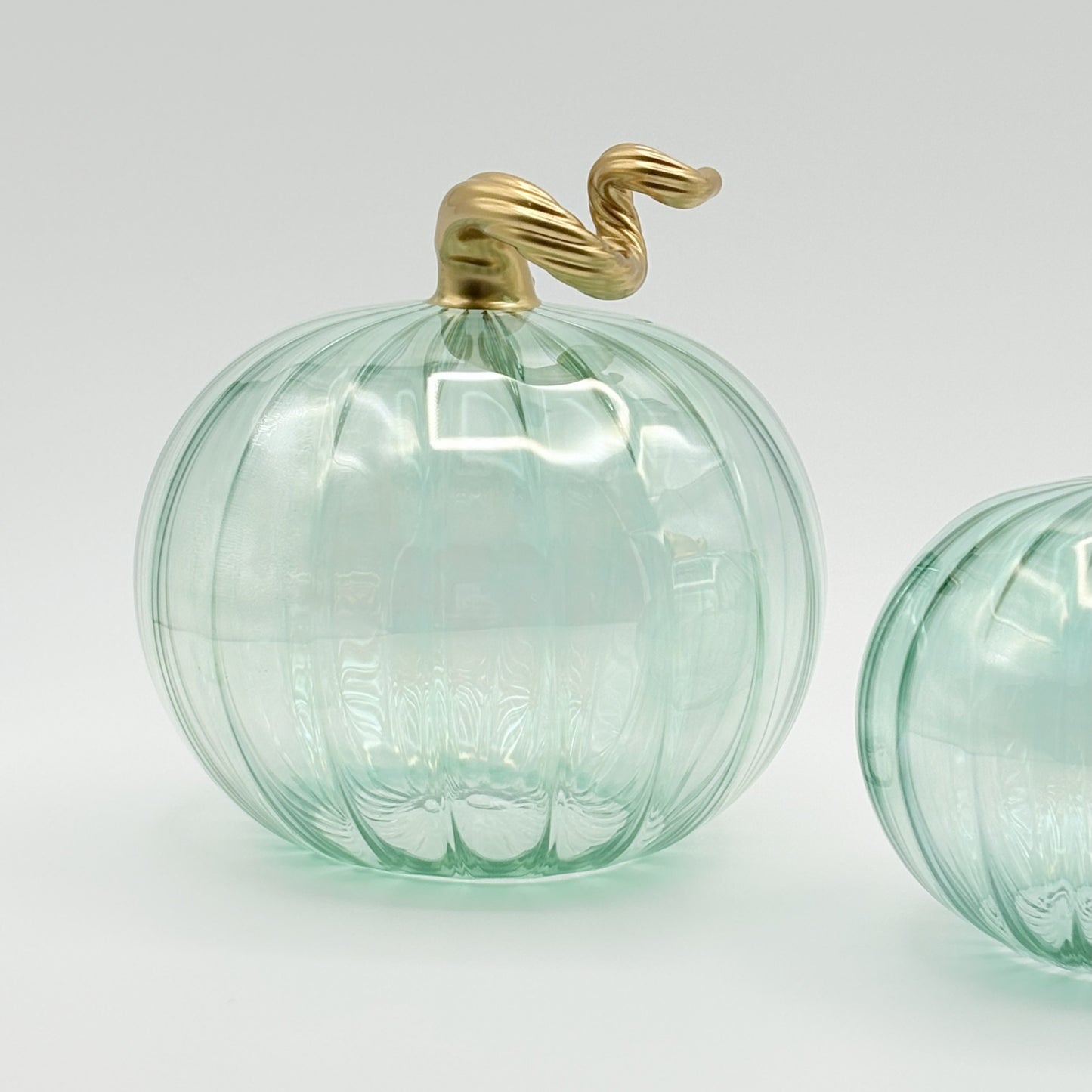 Blown Glass Tabletop Pumpkin - Iridescent Emerald with Gold Stem