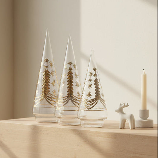 Blown Glass Tabletop Christmas Tree - Cone Engraved Silver & Gold