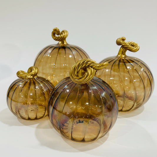 Blown Glass Tabletop Pumpkin - Iridescent Cinnamon with Gold Stem