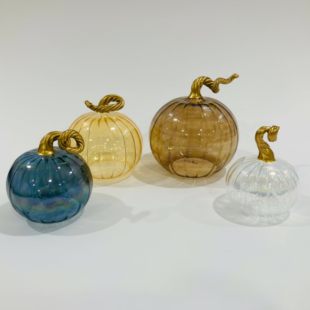 Set of handblown glass pumpkins with gold stems in neutral colors