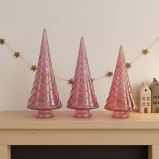 Blown Glass Tabletop Christmas Tree - Cone Swirl Pink