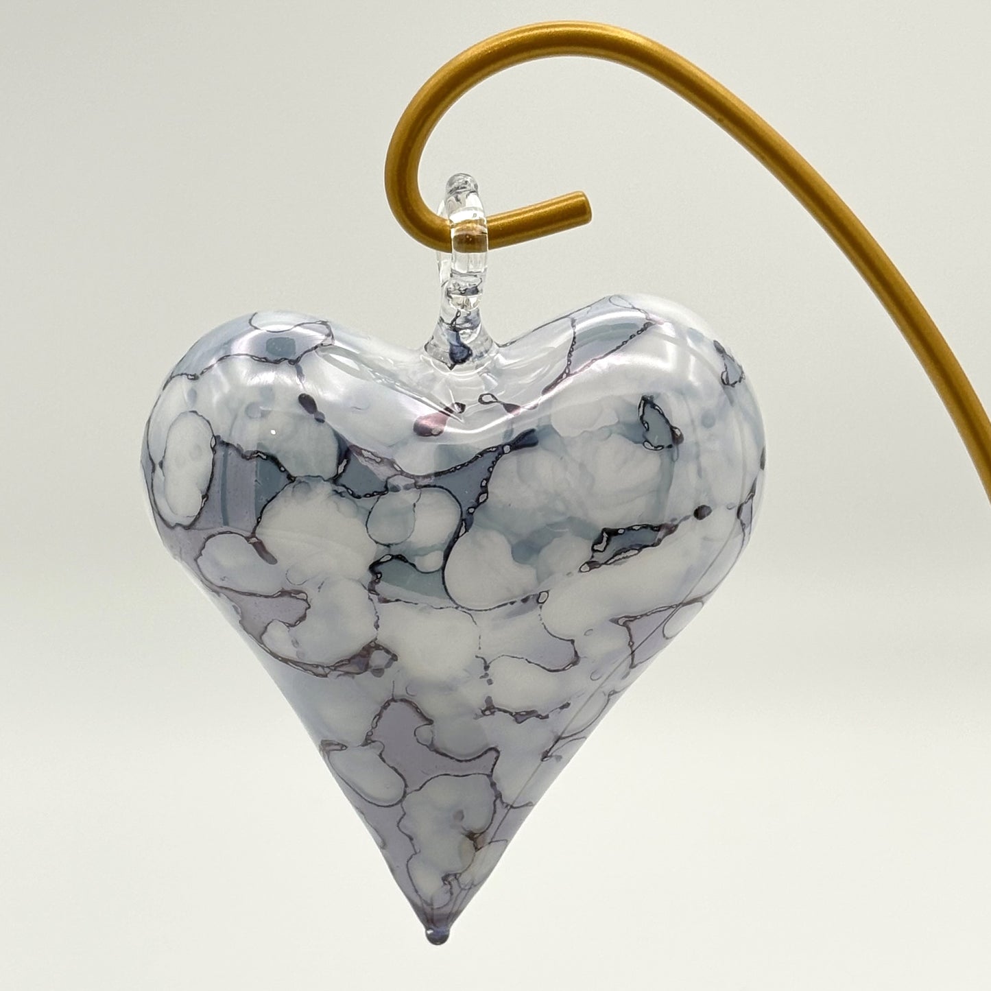 Blown Glass Ornament - Heart: White & Blue