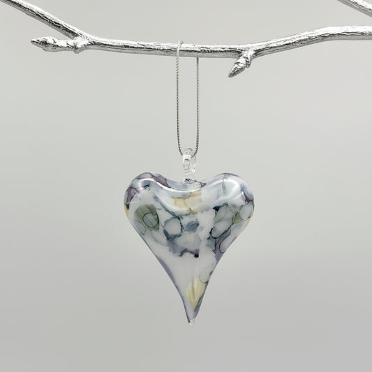 Fair Trade Handblown Glass Heart Ornament, Blue Marbled, Ethically Handmade