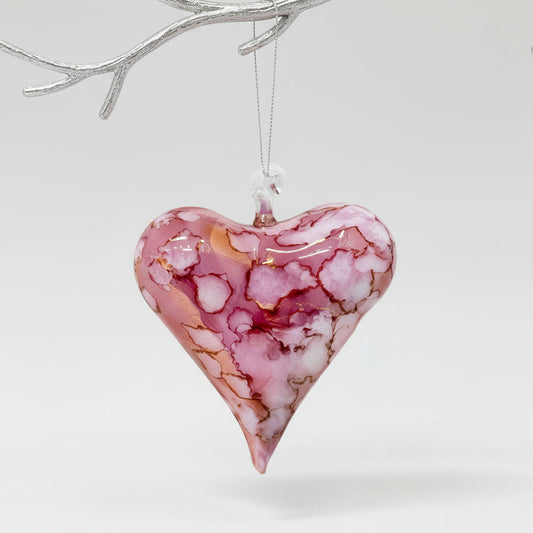 Heart-shaped pink and white marbled handblown glass ornament