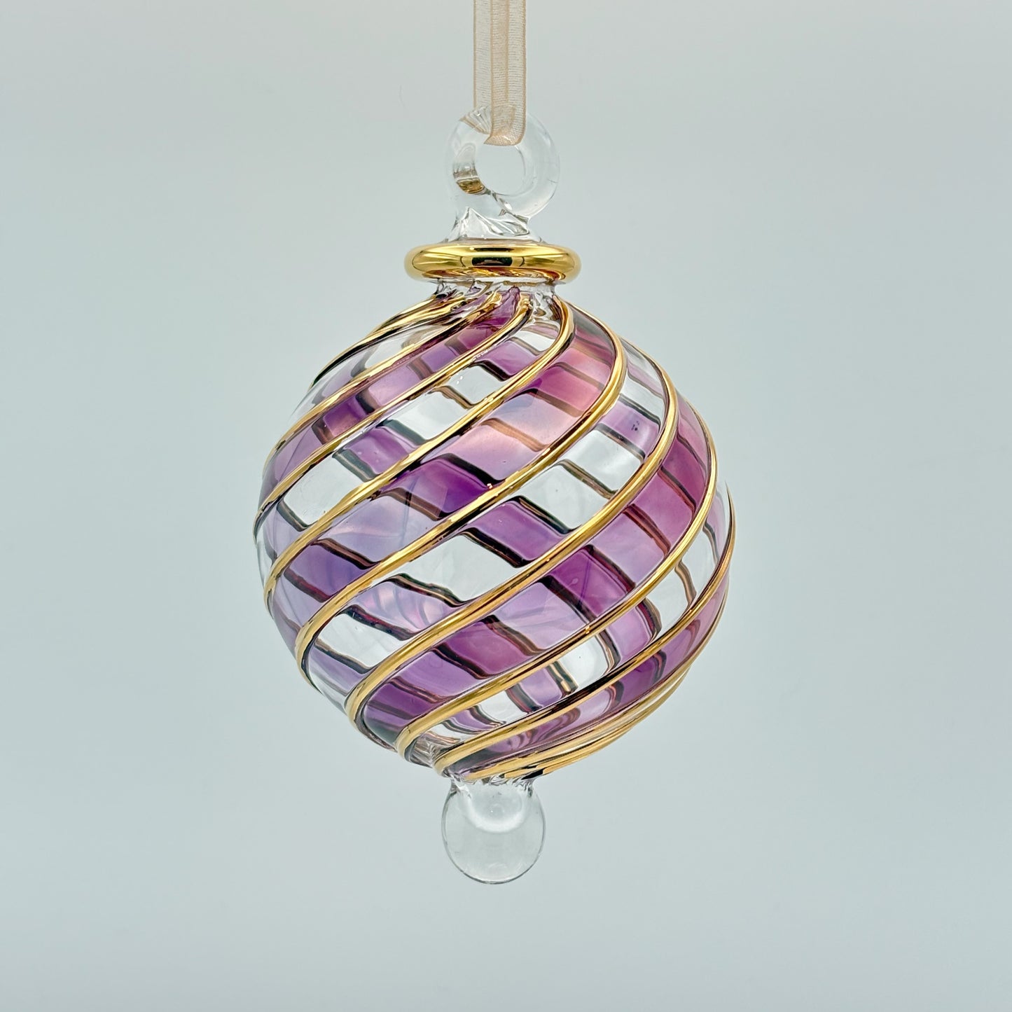 Blown Glass Ornament - Lilac & Gold Swirl