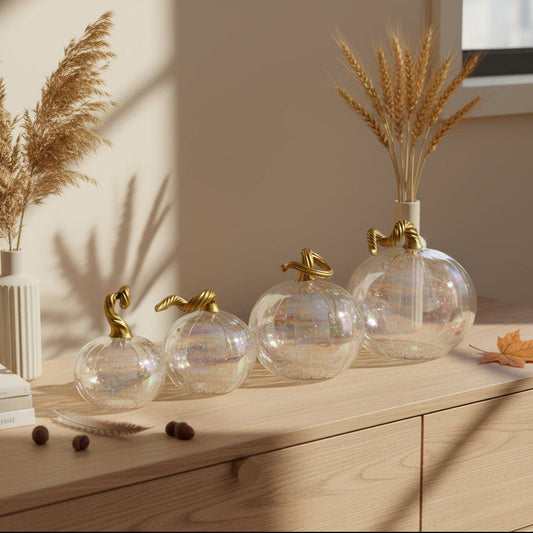 Clear iridescent handblown glass pumpkins with gold stems