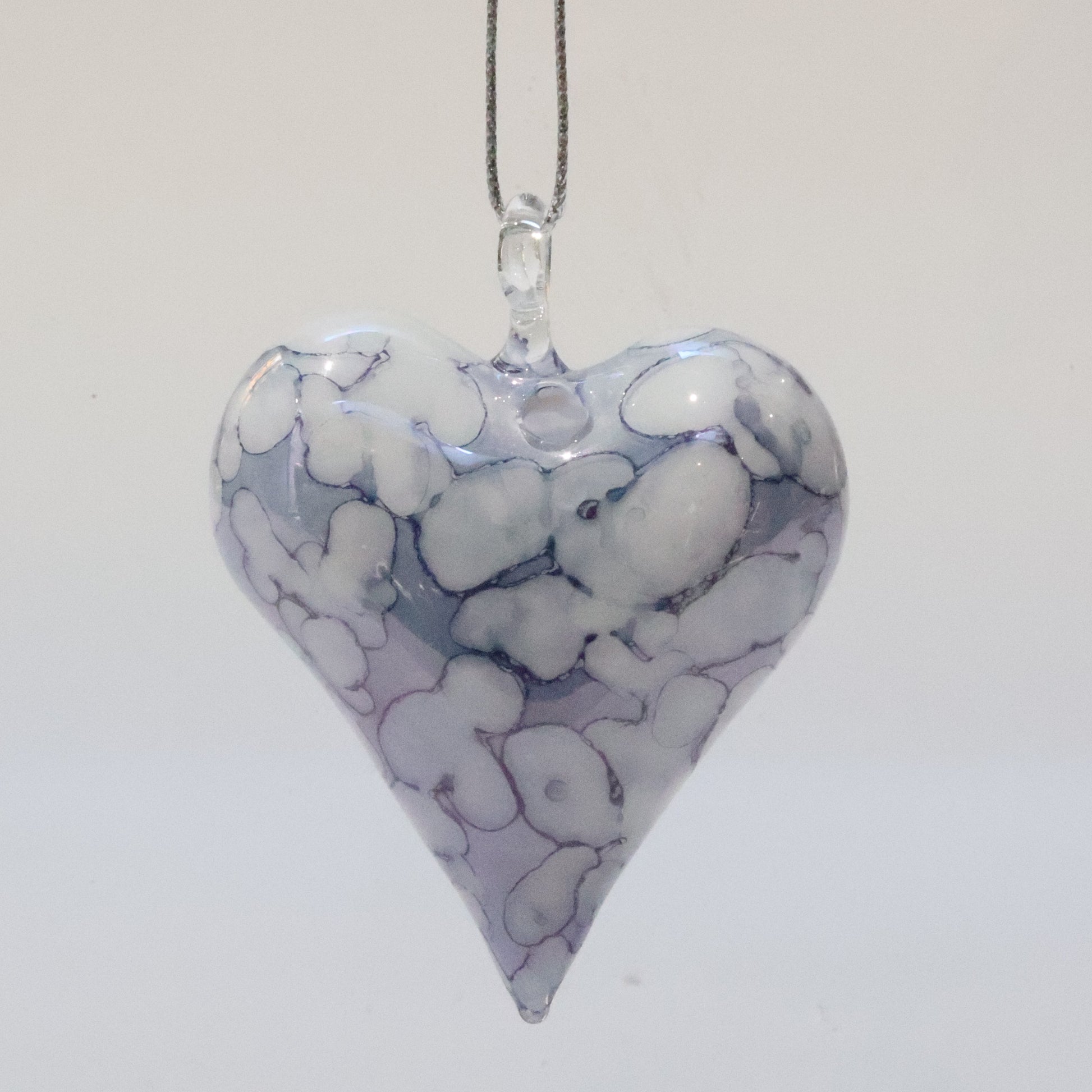 Blown Glass Ornament - Heart: White & Blue