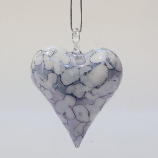 Blown Glass Ornament - Heart: White & Blue