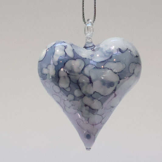 Blown Glass Ornament - Heart: White & Blue