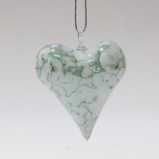 Blown Glass Ornament - Heart: White & Green