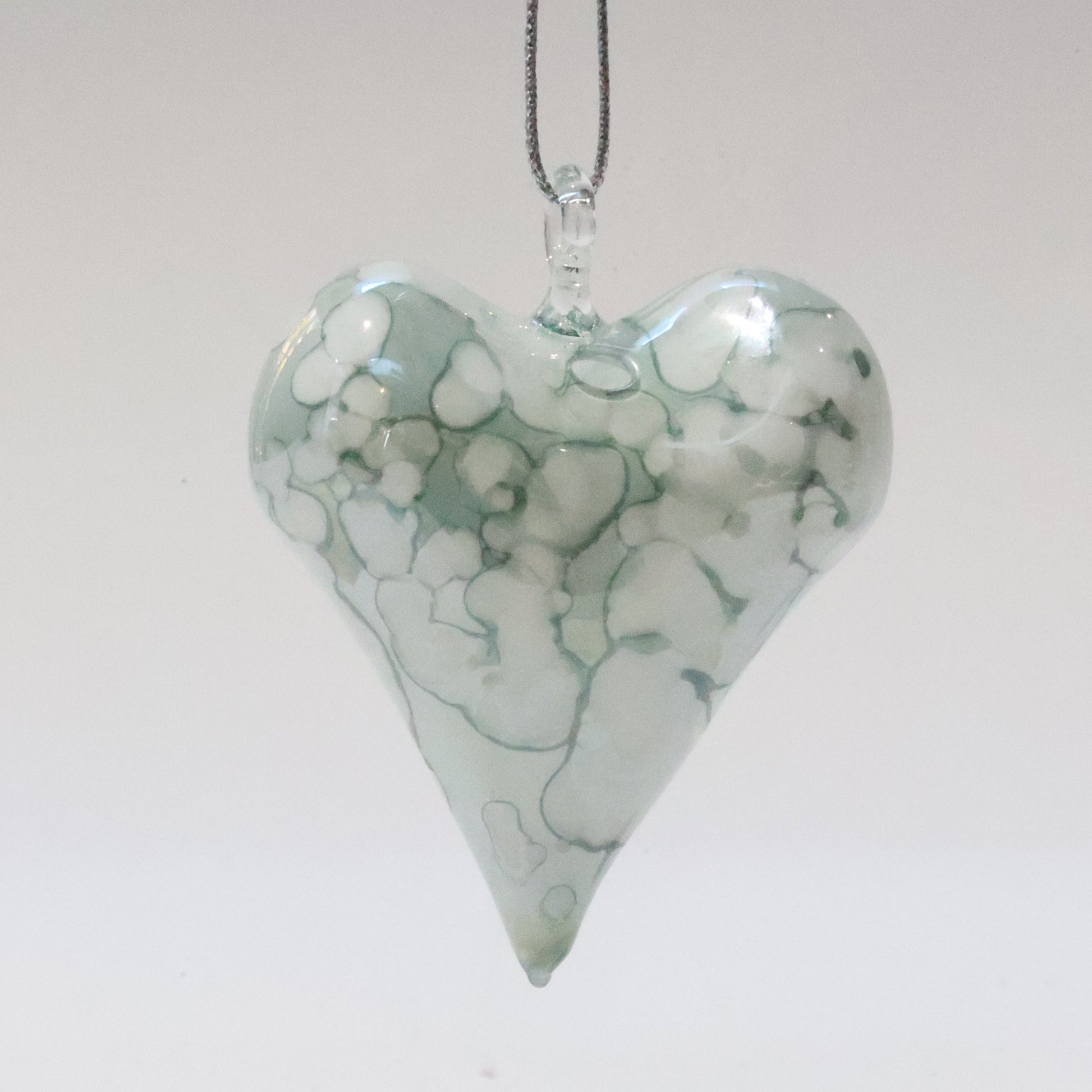Blown Glass Ornament - Heart: White & Green