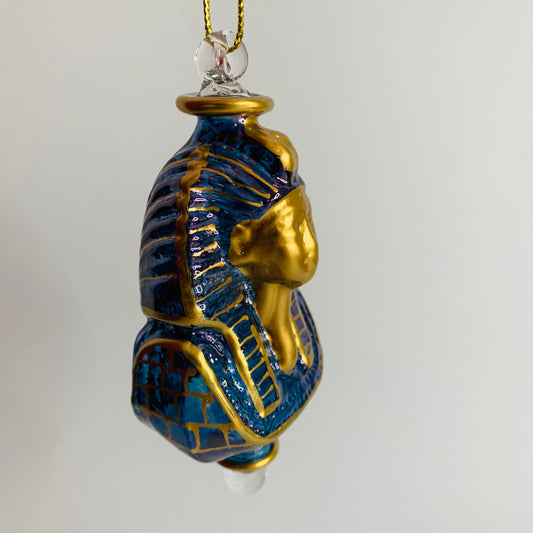 Blown Glass Ornament - Mask of King Tut Blue & Gold