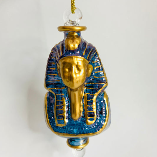 Blown Glass Ornament - Mask of King Tut Blue & Gold