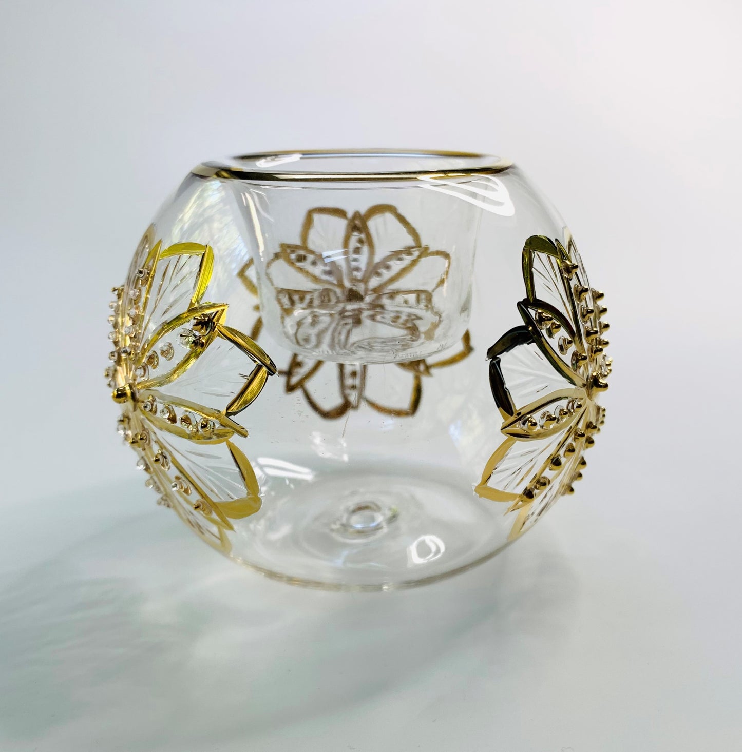 Blown Glass Candle Holder - Gold Flower
