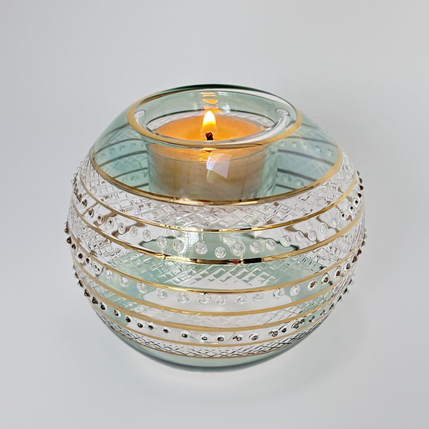 Blown Glass Candle Holder - Sparkle Rings with Green Rim