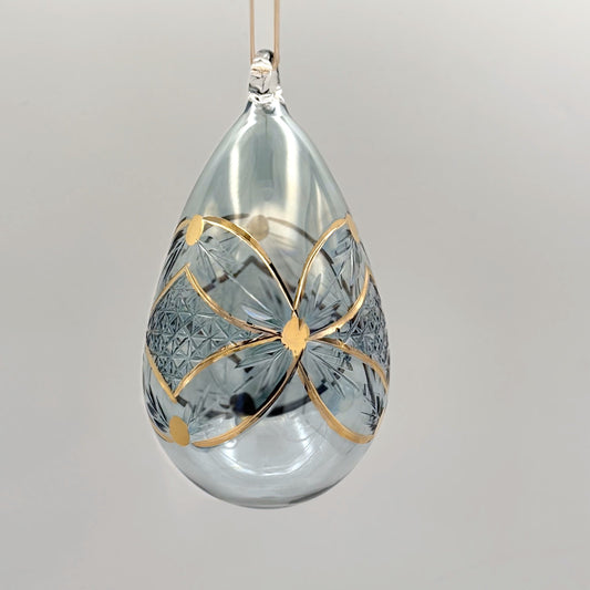 Blown Glass Egg Ornament - Engraved Flowers in Teal