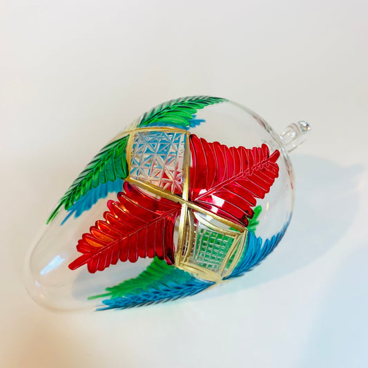 Blown Glass Egg Ornament - Palm Leaves Red, Green & Blue