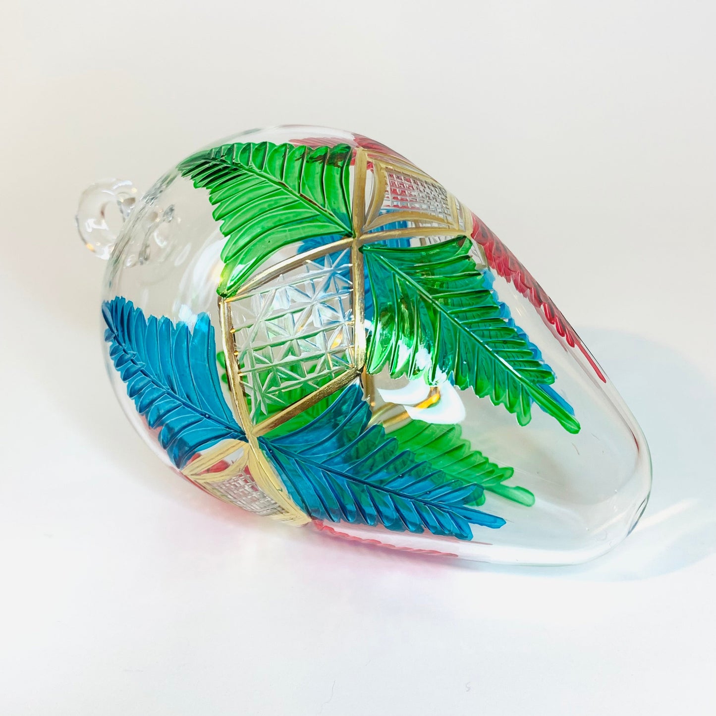 Blown Glass Egg Ornament - Palm Leaves Red, Green & Blue
