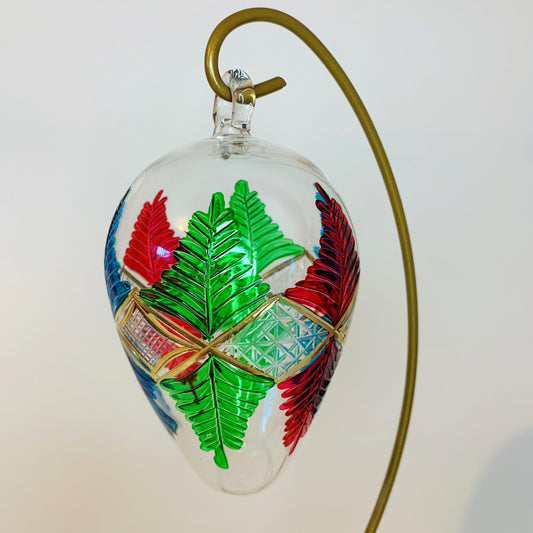 Blown Glass Egg Ornament - Palm Leaves Red, Green & Blue