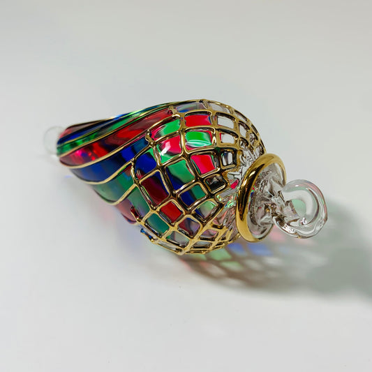 Blown Glass Ornament - Swirl Green, Red & Blue