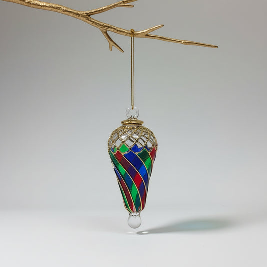 Fair Trade Hand-Blown Glass Ornament - Swirl Green, Red & Blue with Gold Detail, Ralph Lauren Inspired Tartan Christmas Decor