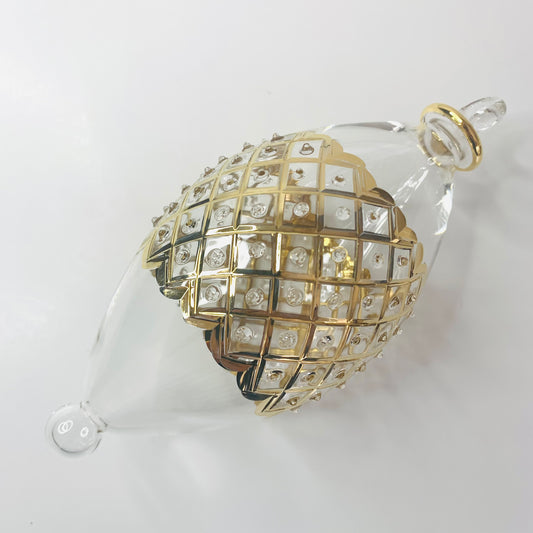 Blown Glass Oval Ornament - Gold Diamonds