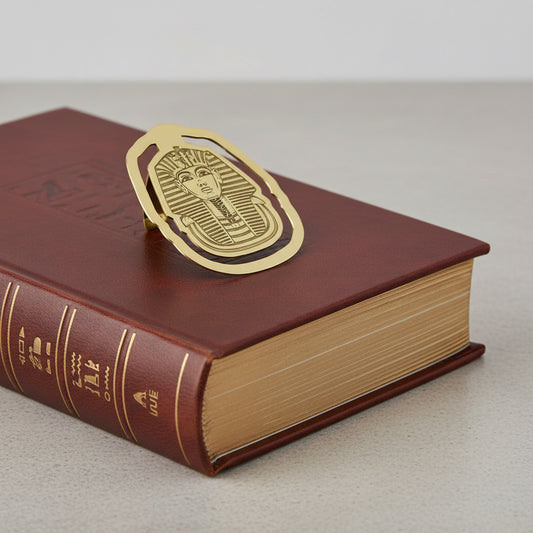 Handcrafted brass bookmark depicting the gold mask of the Egyptian Pharaoh King Tutankhamum