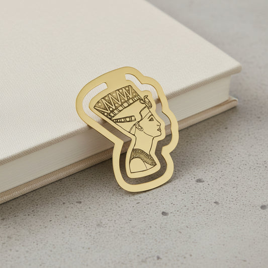 Handcrafted brass bookmark featuring the profile of Nefertiti, a celebrated queen of ancient Egypt