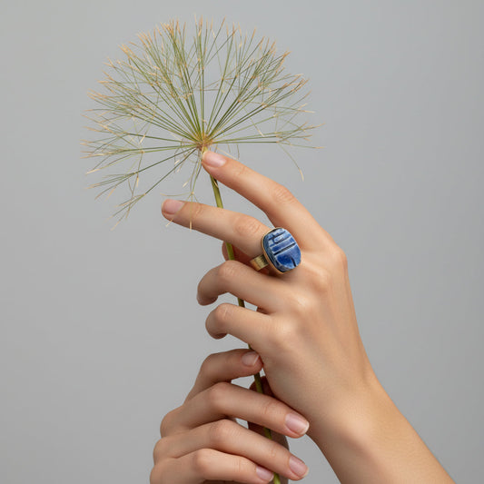 Handmade brass ring with blue Egyptian faience scarab