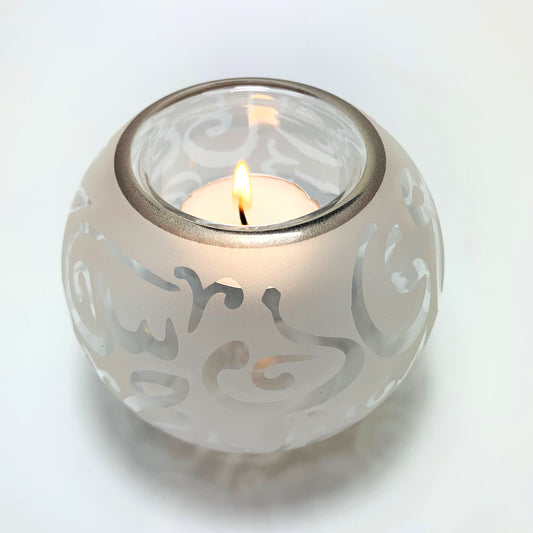 Blown Glass Candle Holder - Calligraphy in White