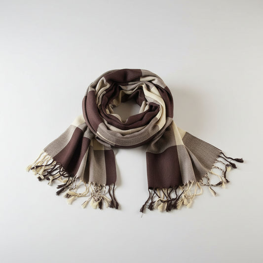 Plaid Handwoven Bamboo Viscose Rayon Scarf - Beige & Brown, Fair Trade
